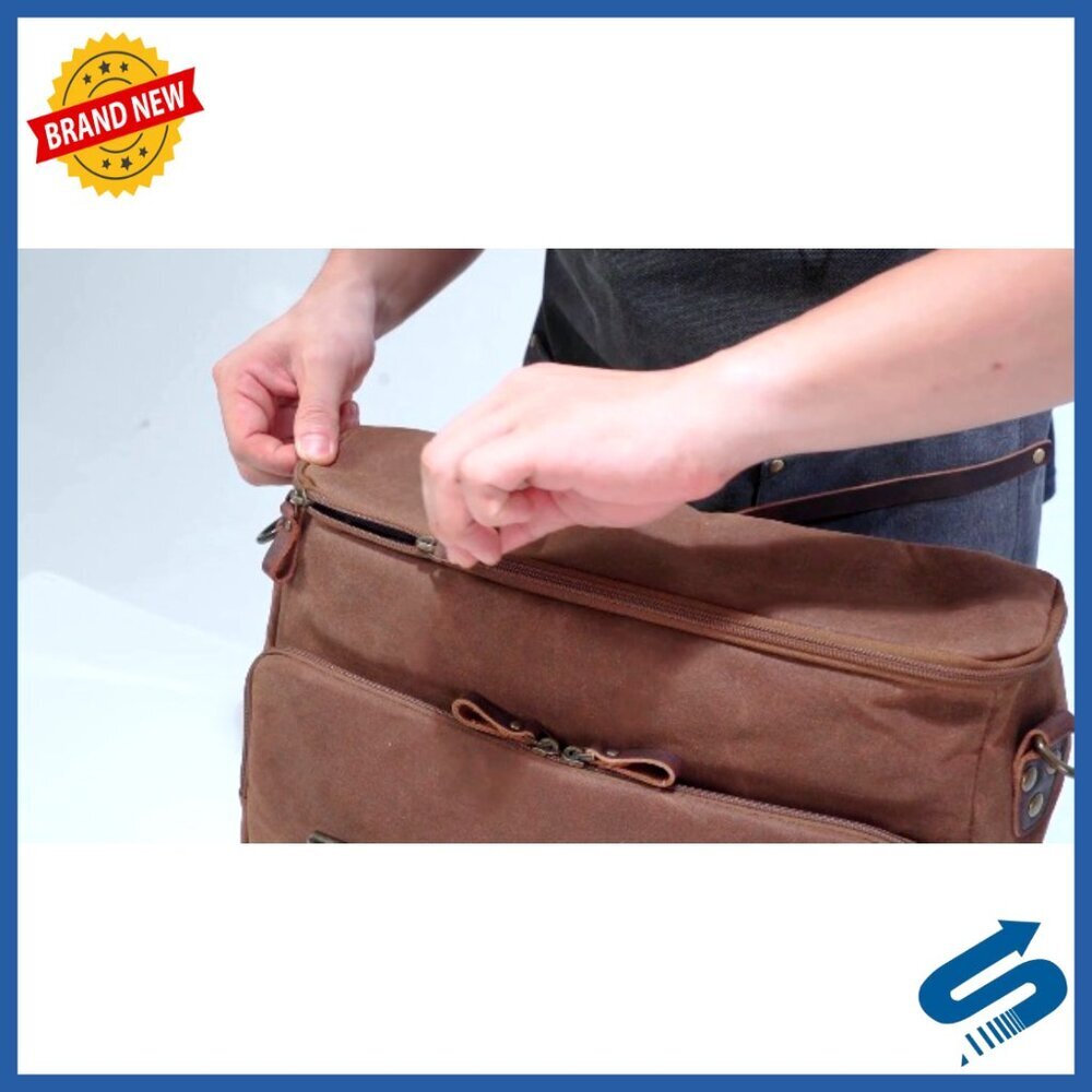 Vintage Waxed Canvas Messenger Bag Genuine Leather Laptop Briefcase Crossbody - Picture 7 of 7